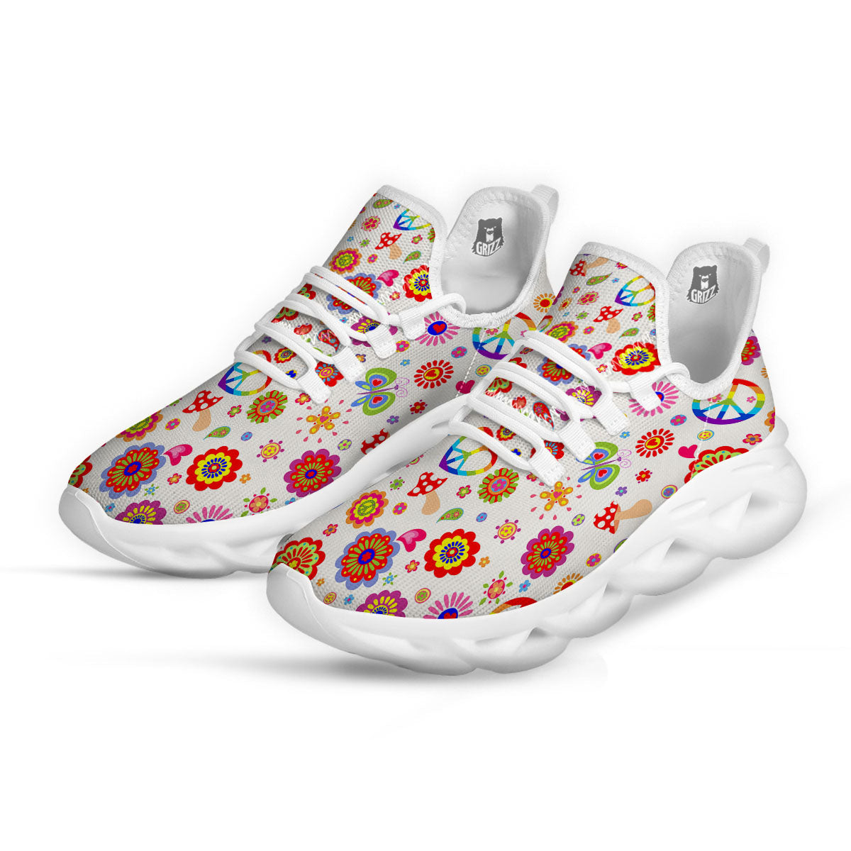 Heart Psychedelic Peace Sign Print Pattern White Running Shoes-grizzshop