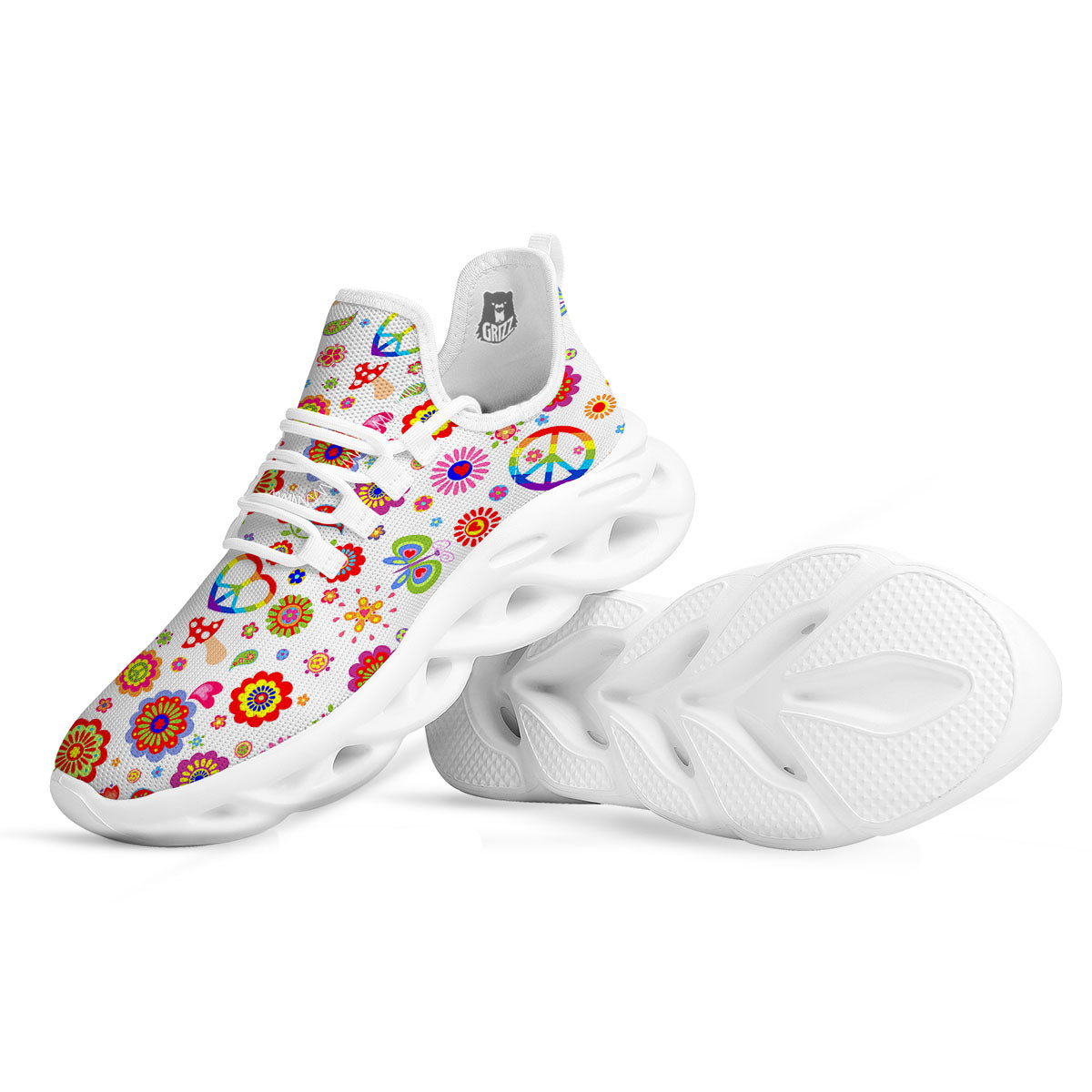 Heart Psychedelic Peace Sign Print Pattern White Running Shoes-grizzshop