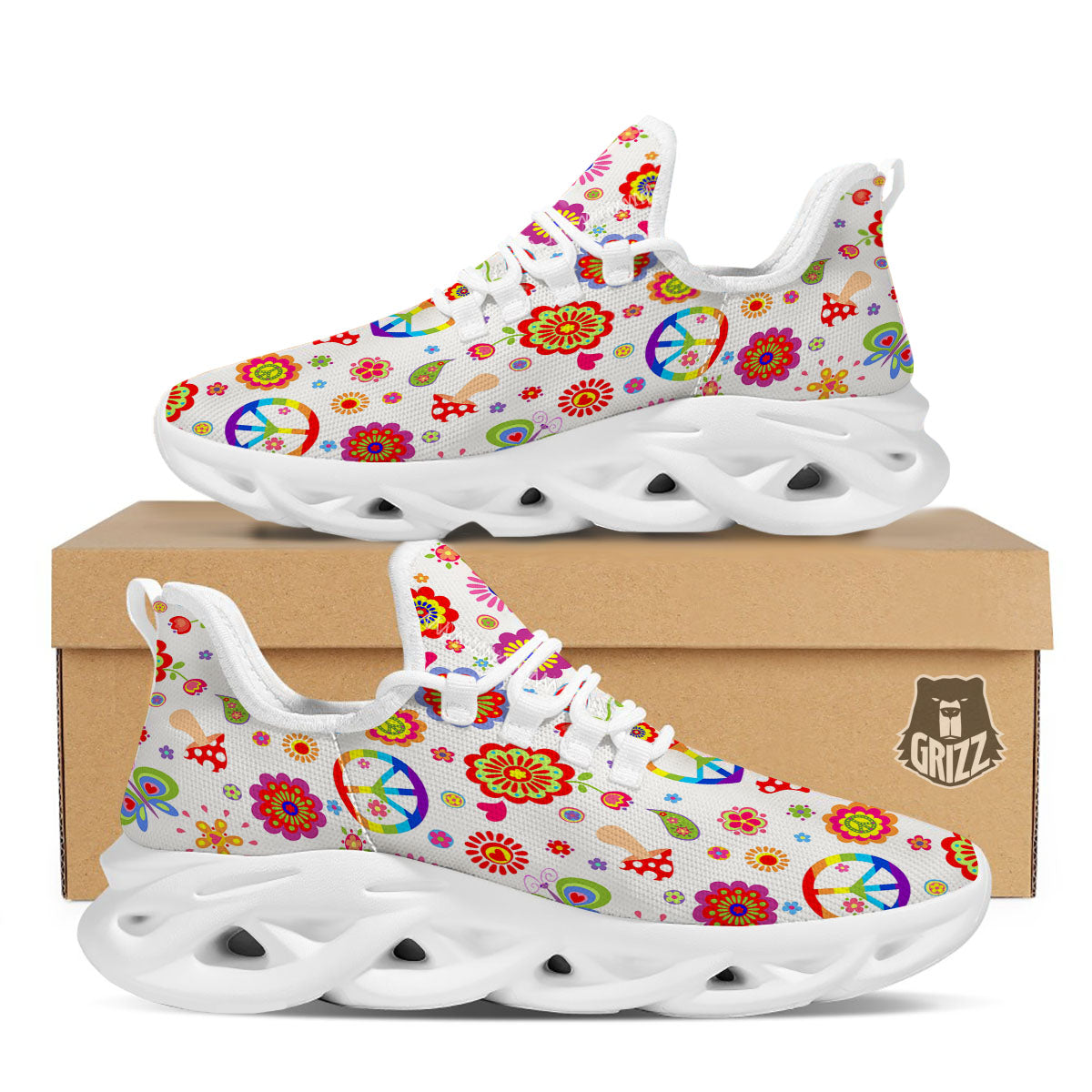 Heart Psychedelic Peace Sign Print Pattern White Running Shoes-grizzshop