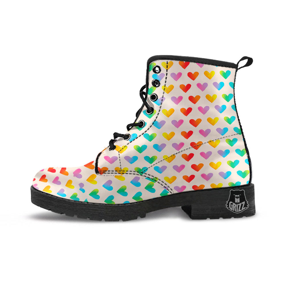 Heart Rainbow Print Pattern Leather Boots-grizzshop