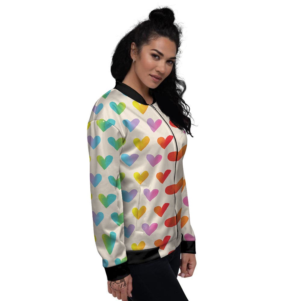 Heart Rainbow Print Pattern Women's Bomber Jacket-grizzshop