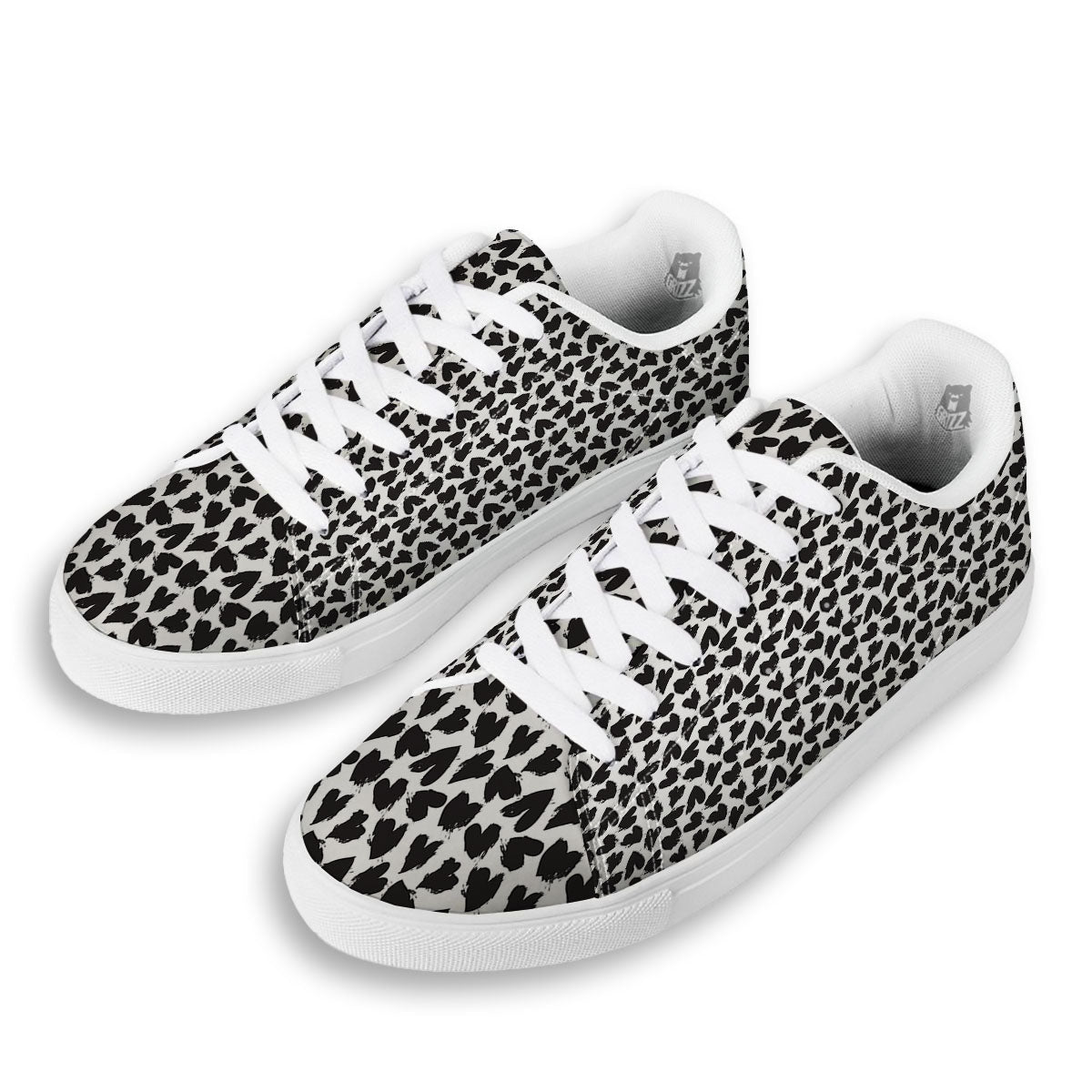Heart White And Black Print Pattern White Low Top Sneakers-grizzshop