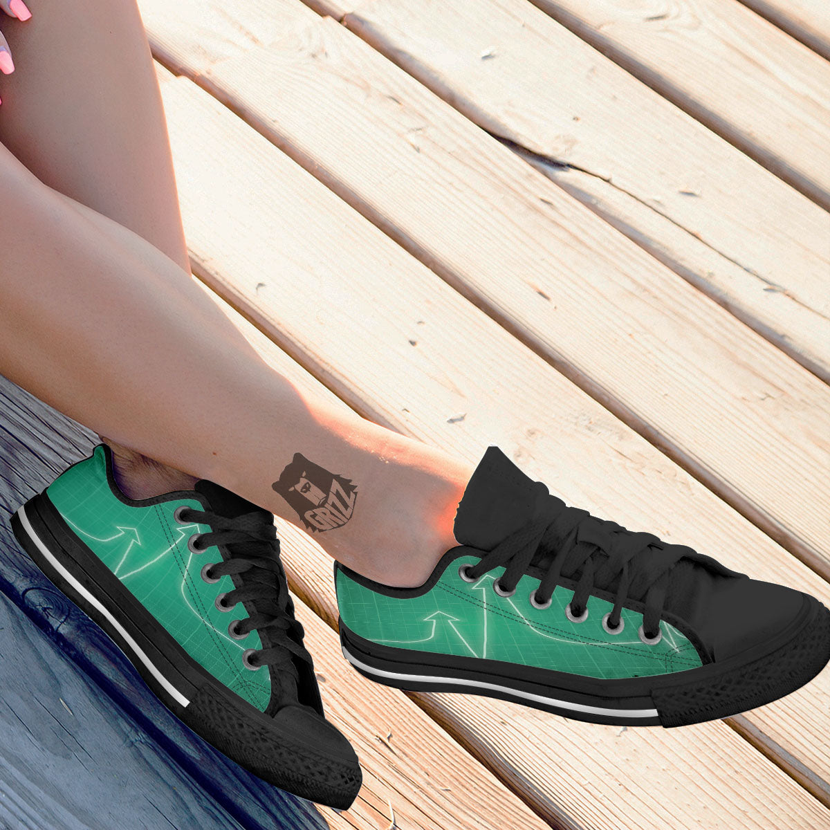 Heartbeat Green Print Black Low Top Shoes-grizzshop