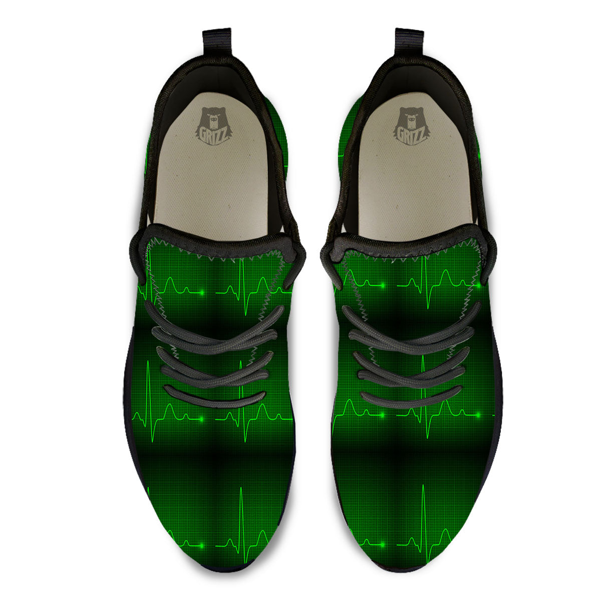 Heartbeat Green Print Pattern Black Athletic Shoes-grizzshop
