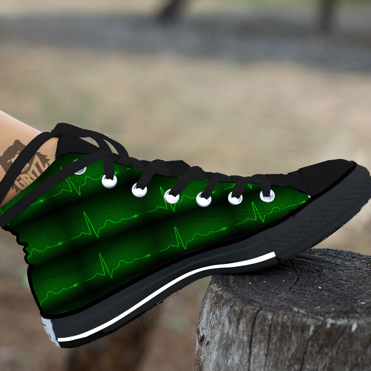 Heartbeat Green Print Pattern Black High Top Shoes-grizzshop
