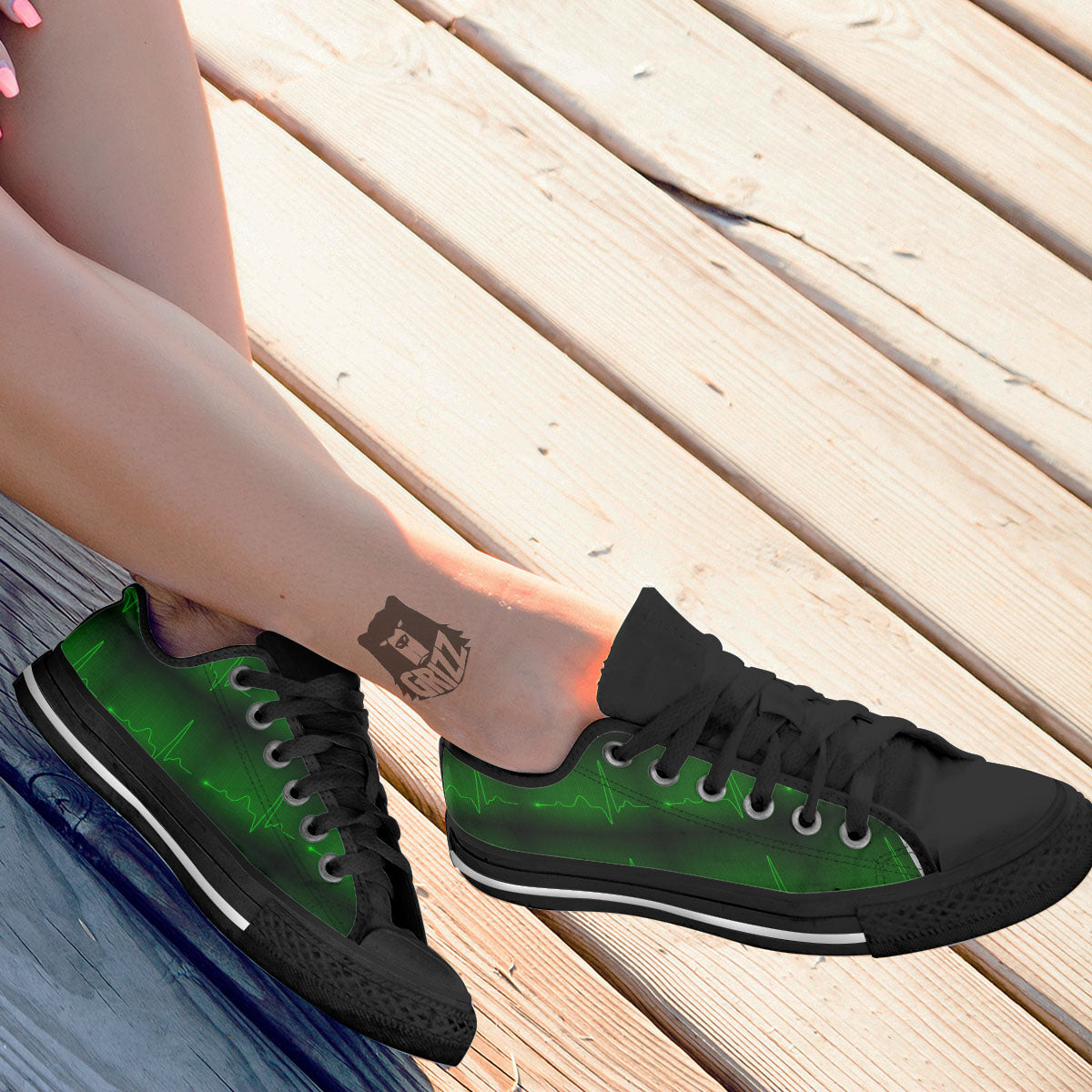 Heartbeat Green Print Pattern Black Low Top Shoes-grizzshop