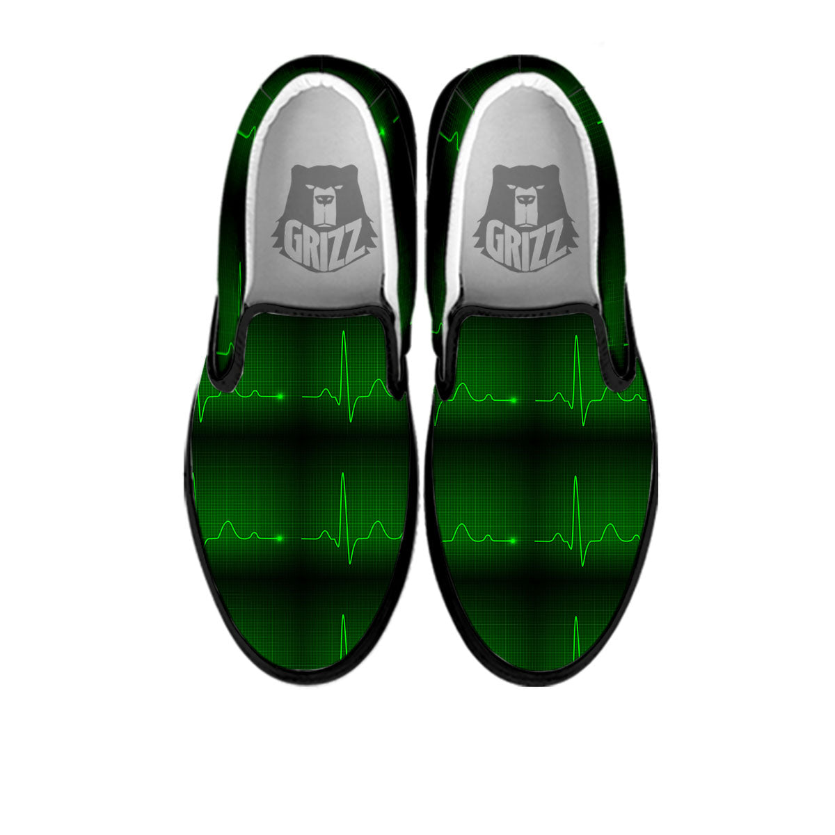 Heartbeat Green Print Pattern Black Slip On Shoes-grizzshop