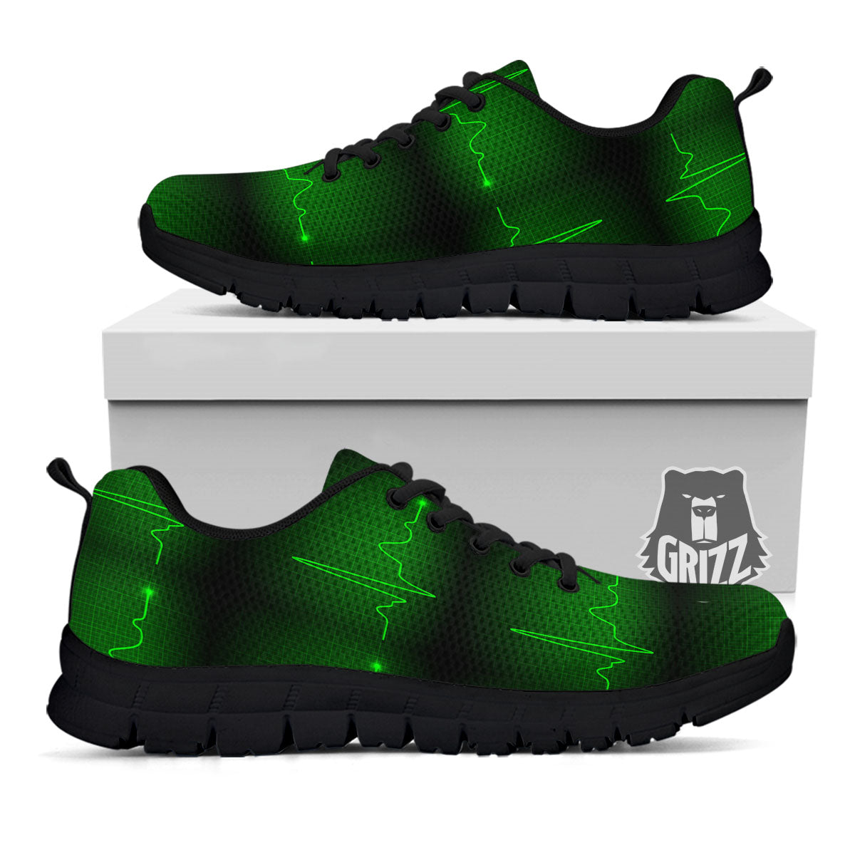 Heartbeat Green Print Pattern Black Sneaker-grizzshop