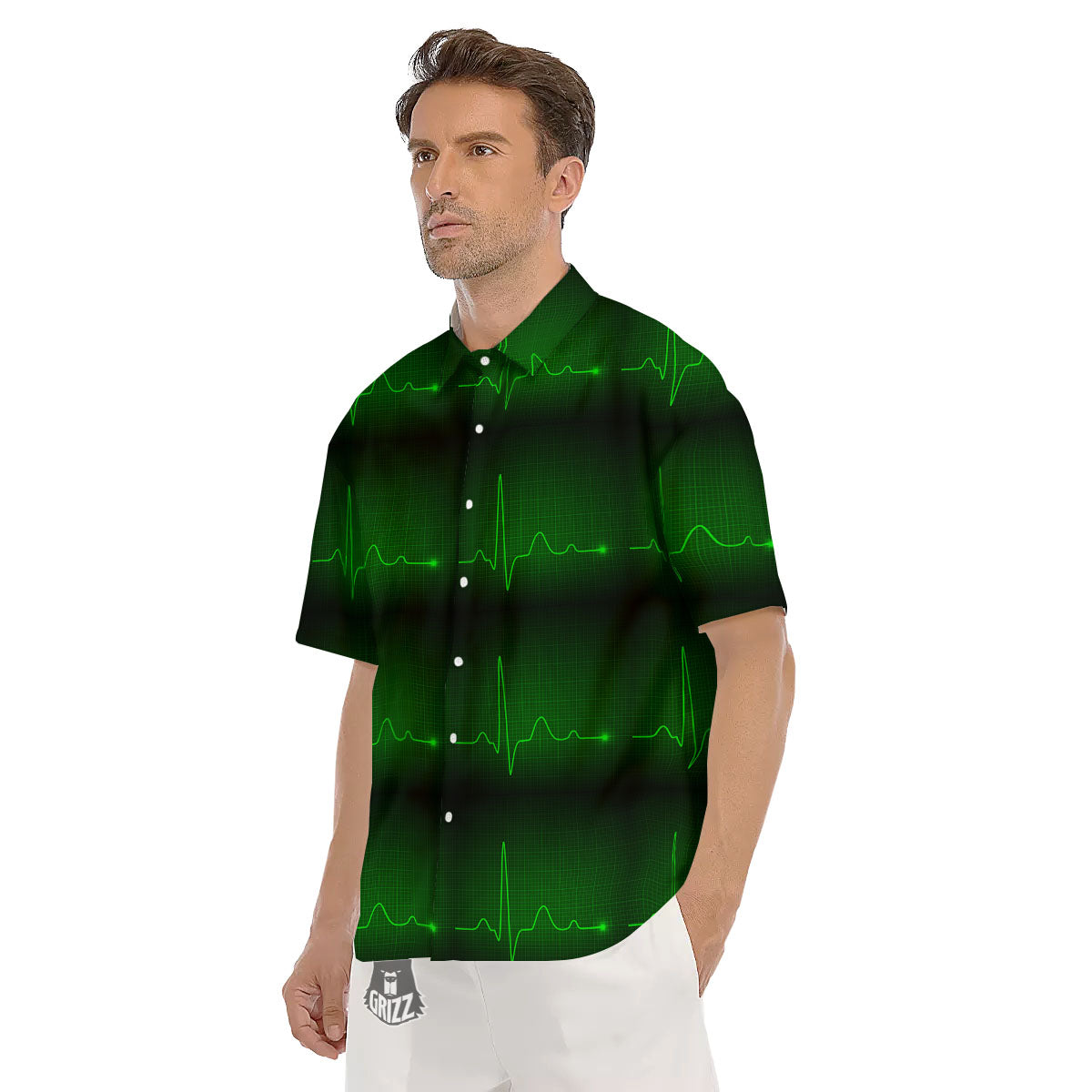 Heartbeat Green Print Pattern Men's Short Sleeve Shirts-grizzshop