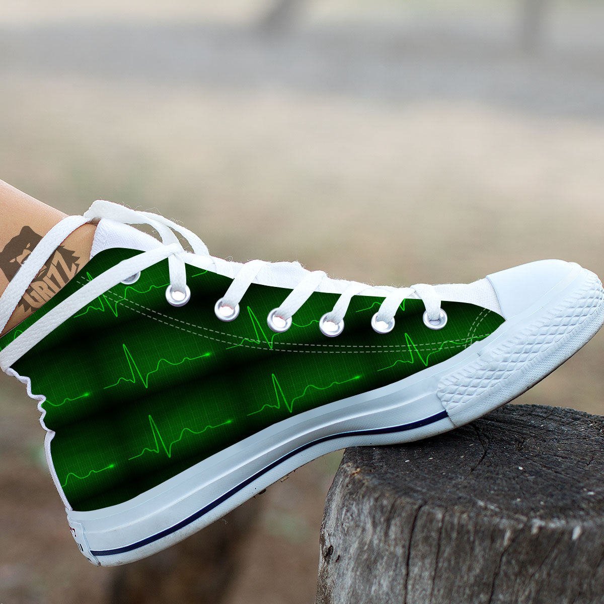 Heartbeat Green Print Pattern White High Top Shoes-grizzshop