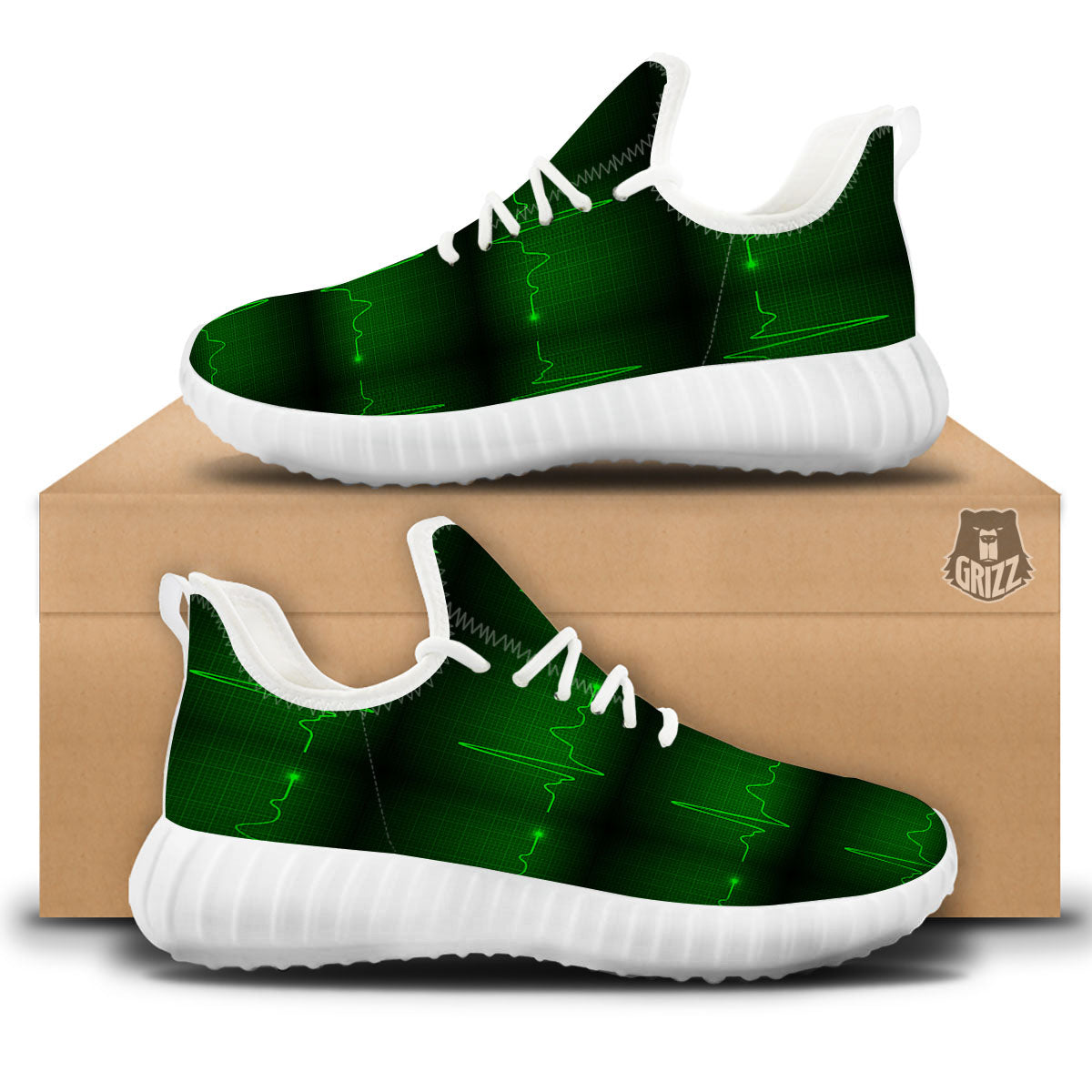 Heartbeat Green Print Pattern White Walking Shoes-grizzshop
