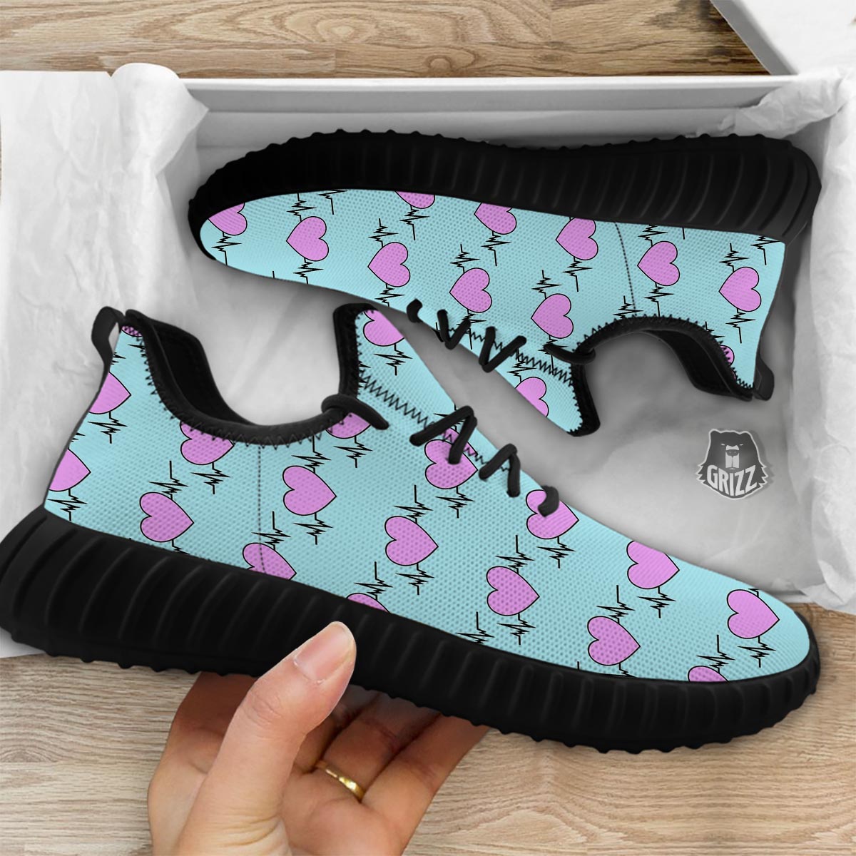 Heartbeat Pink Print Pattern Black Walking Shoes-grizzshop