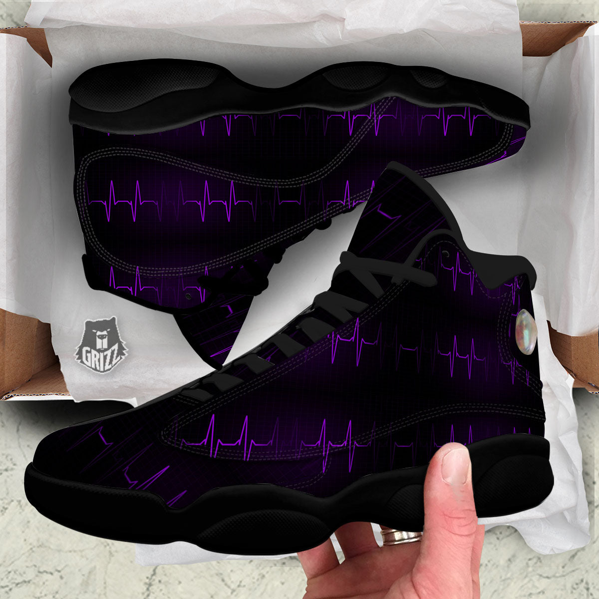 Heartbeat Purple Print Pattern Black Basketball Shoes-grizzshop
