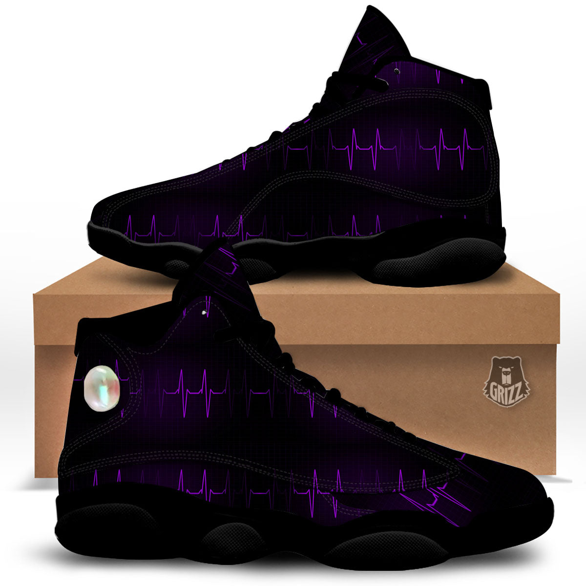 Heartbeat Purple Print Pattern Black Basketball Shoes-grizzshop