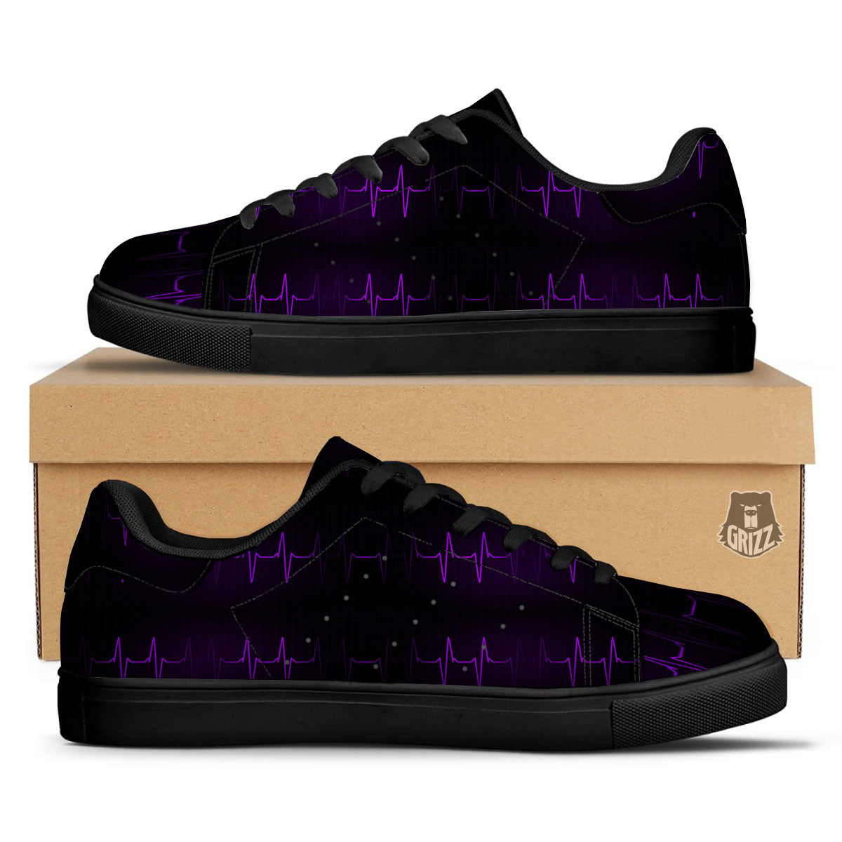Heartbeat Purple Print Pattern Black Low Top Sneakers-grizzshop