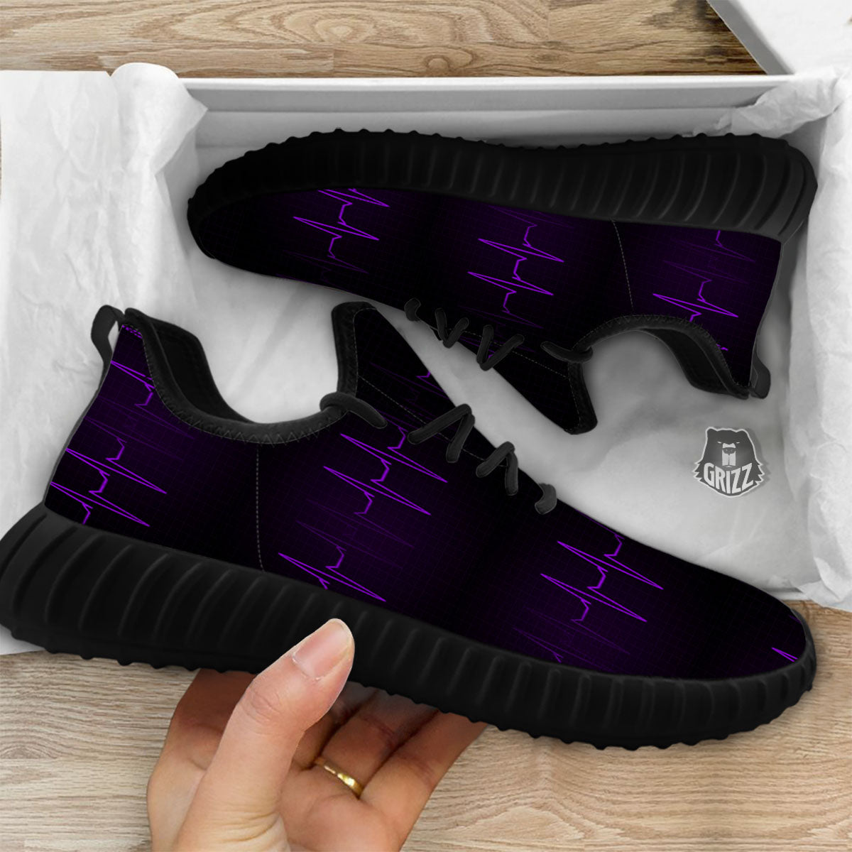 Heartbeat Purple Print Pattern Black Walking Shoes-grizzshop