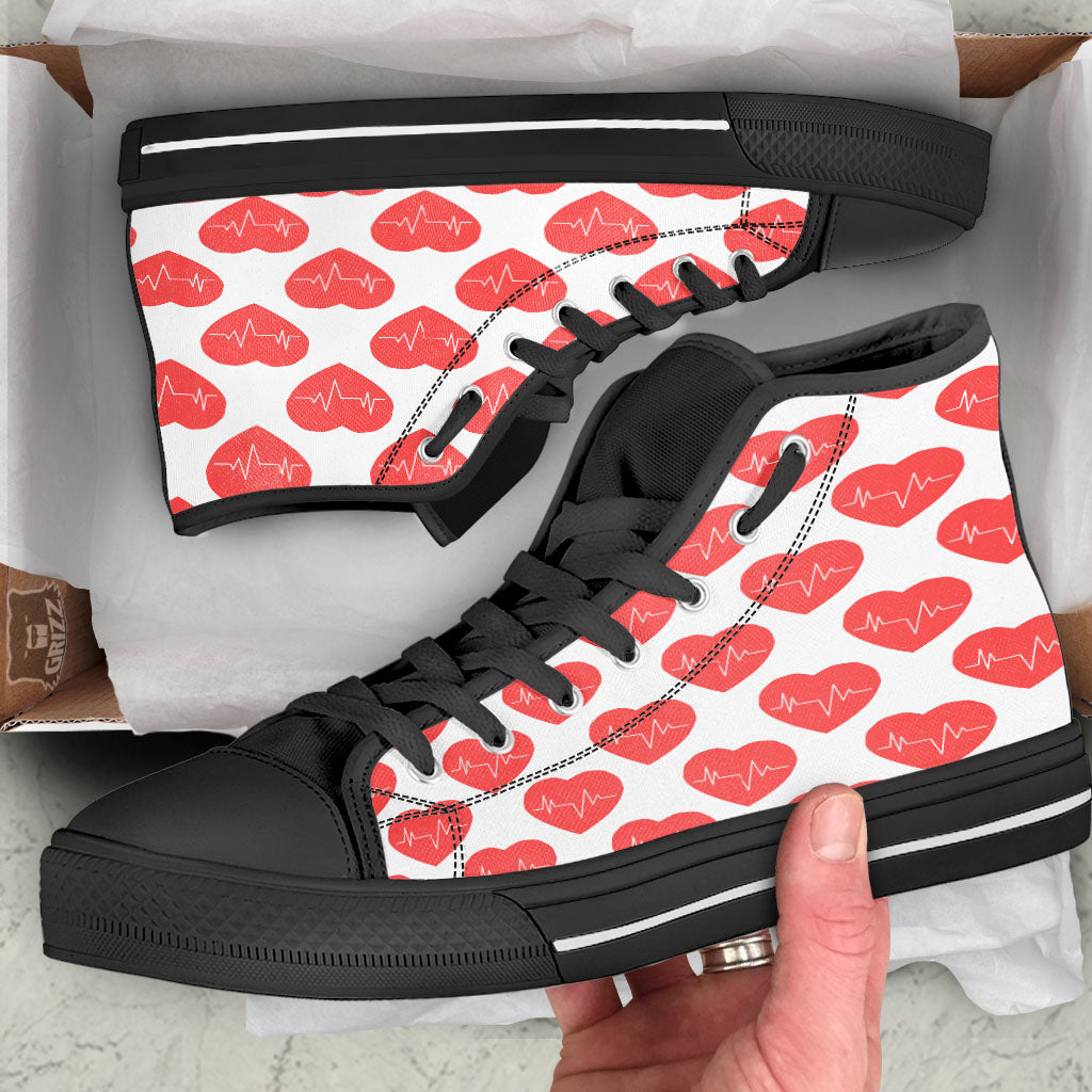 Heartbeat Red Print Pattern Black High Top Shoes-grizzshop