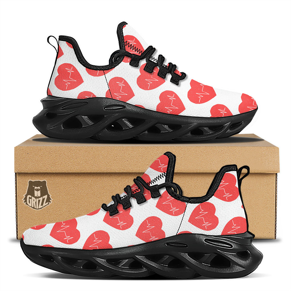 Heartbeat Red Print Pattern Black Running Shoes-grizzshop