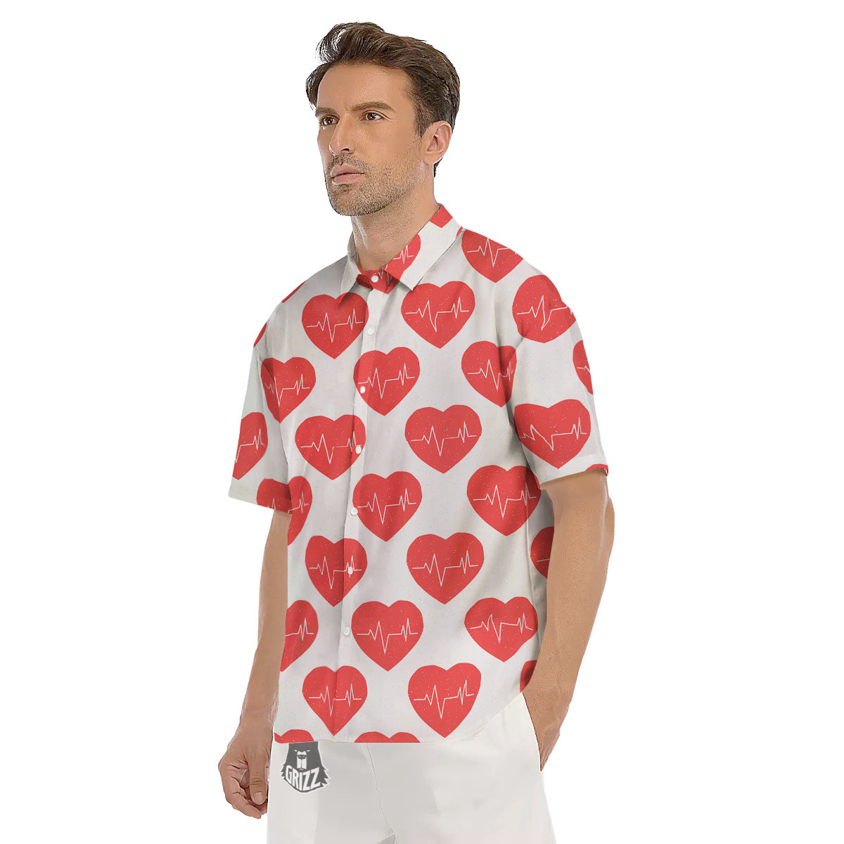 Heartbeat Red Print Pattern Men's Short Sleeve Shirts-grizzshop