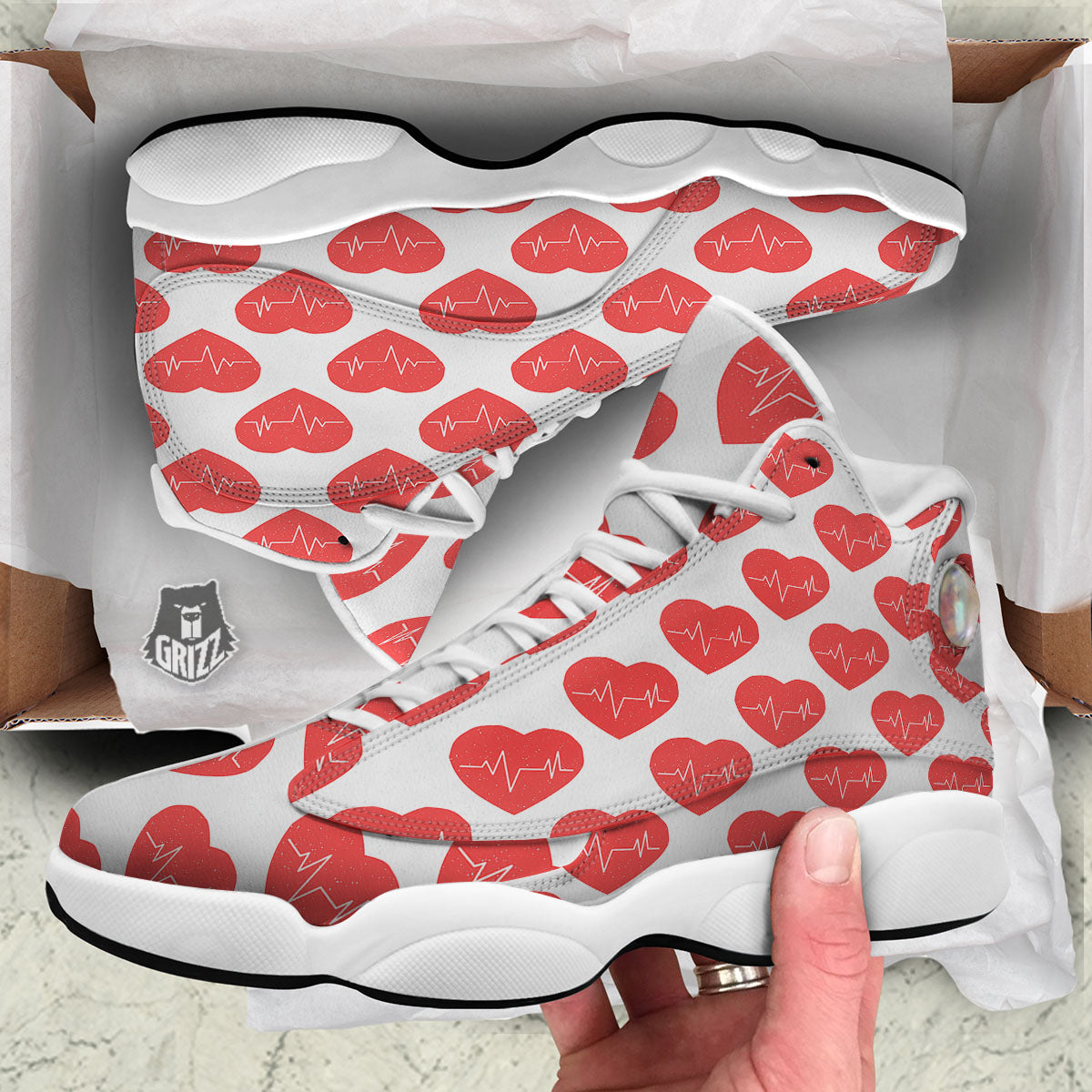 Heartbeat Red Print Pattern White Basketball Shoes-grizzshop