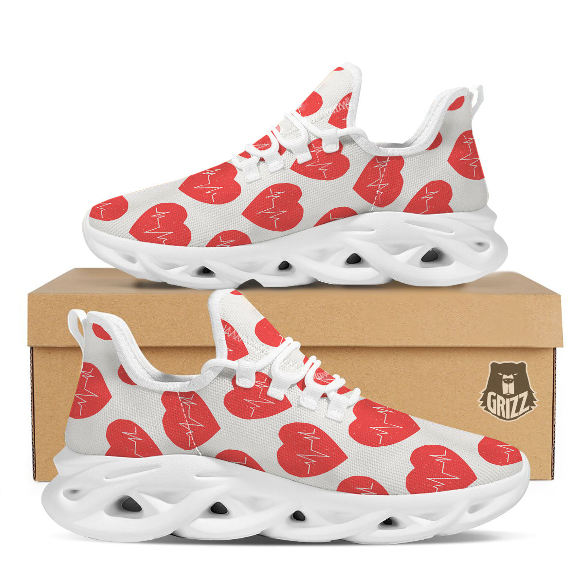 Heartbeat Red Print Pattern White Running Shoes-grizzshop