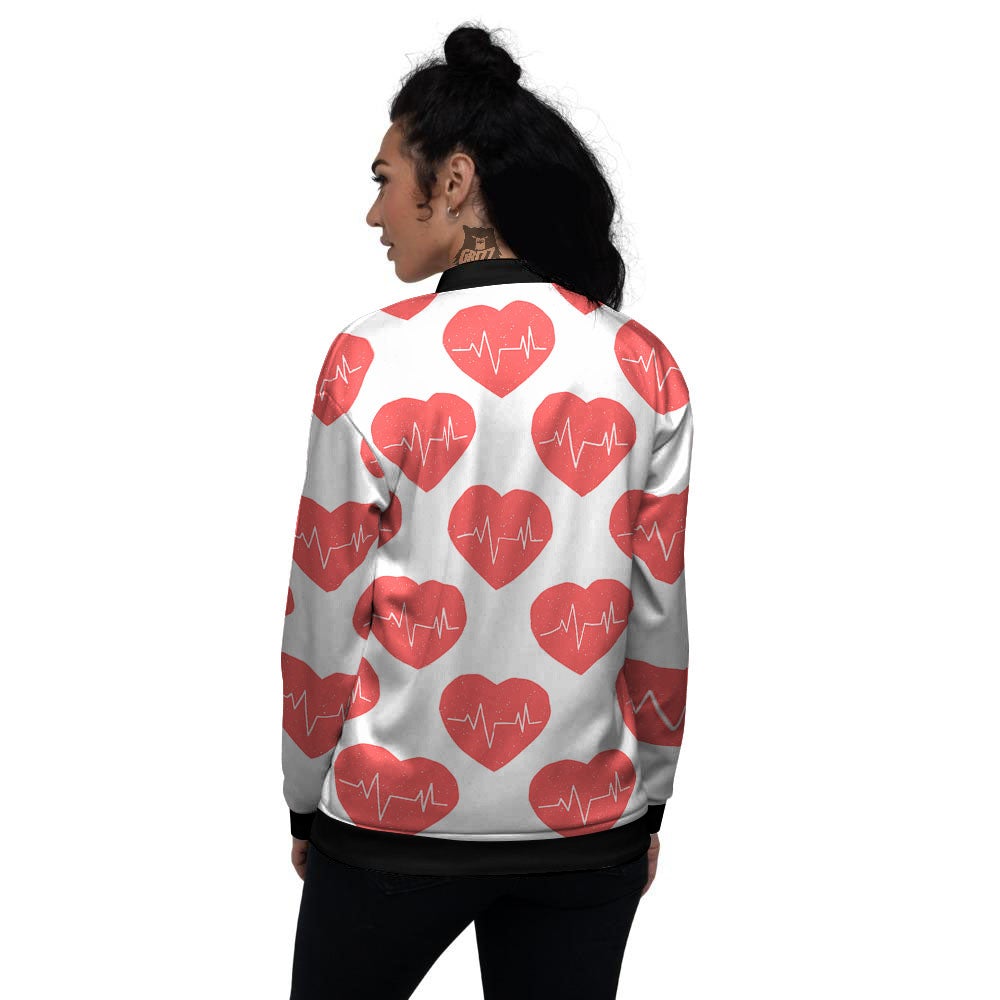 Heartbeat Red Print Pattern Women's Bomber Jacket-grizzshop