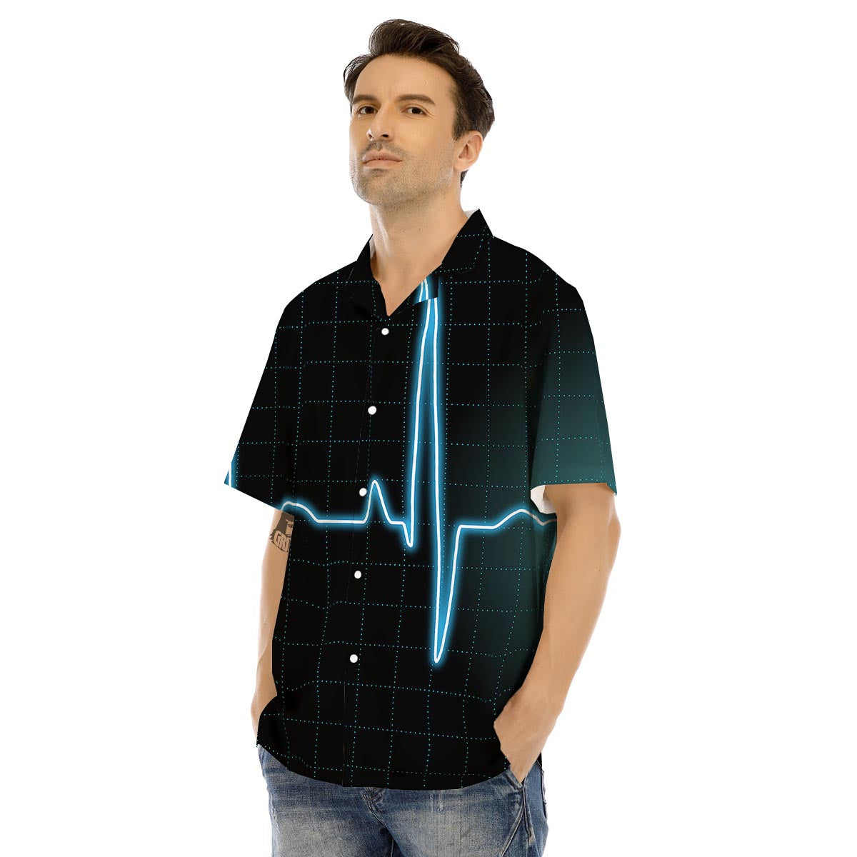 Heartbeat Teal Print Men's Hawaiian Shirt-grizzshop