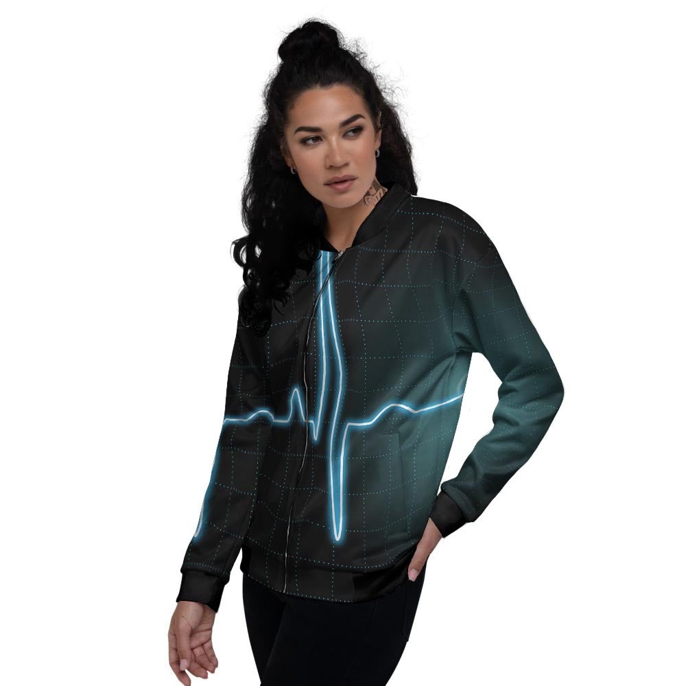 Heartbeat Teal Print Women's Bomber Jacket-grizzshop