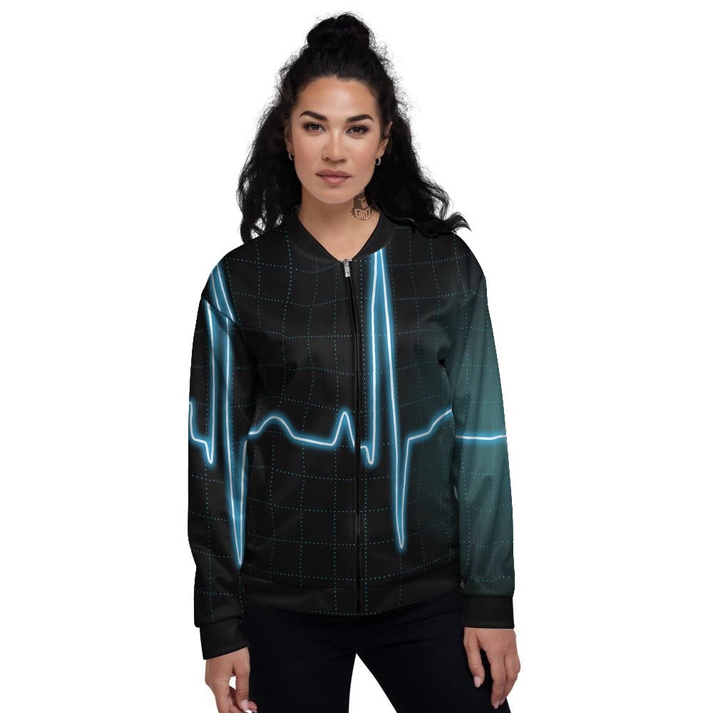 Heartbeat Teal Print Women's Bomber Jacket-grizzshop