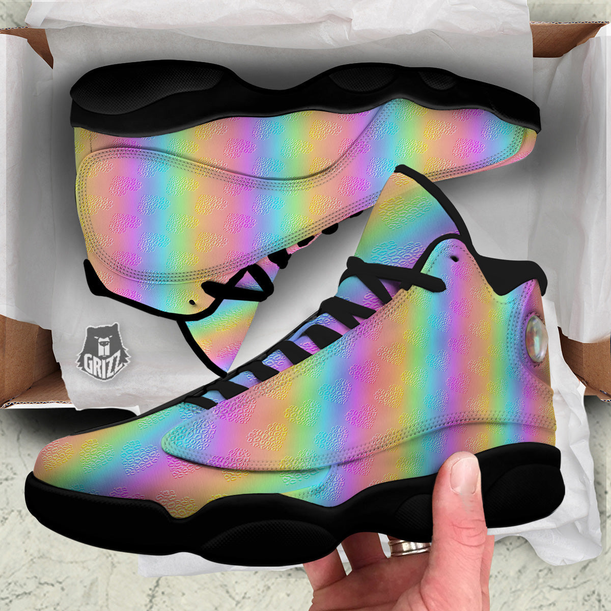 Hearts Rainbow Leopard Print Pattern Black Basketball Shoes-grizzshop