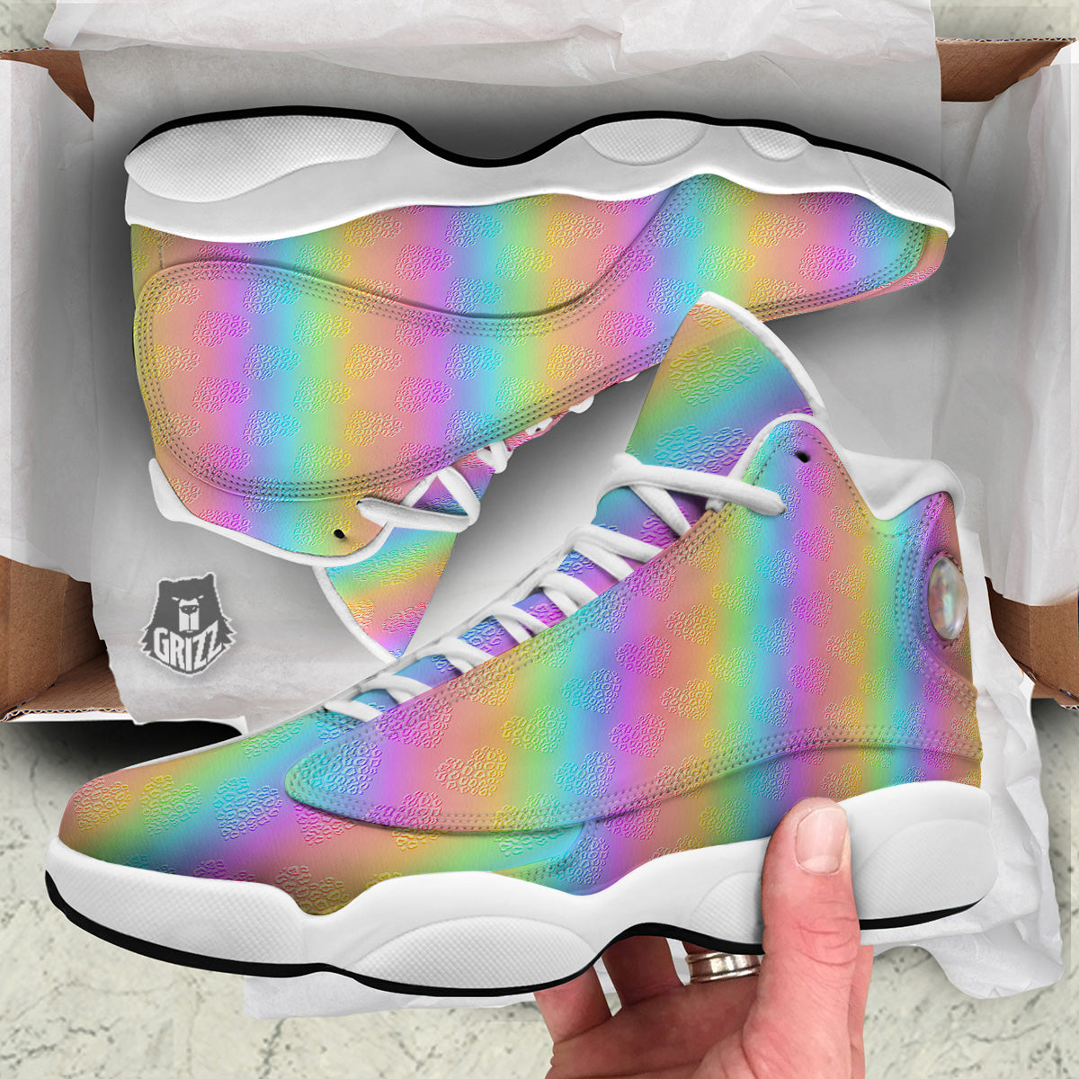 Hearts Rainbow Leopard Print Pattern White Basketball Shoes-grizzshop