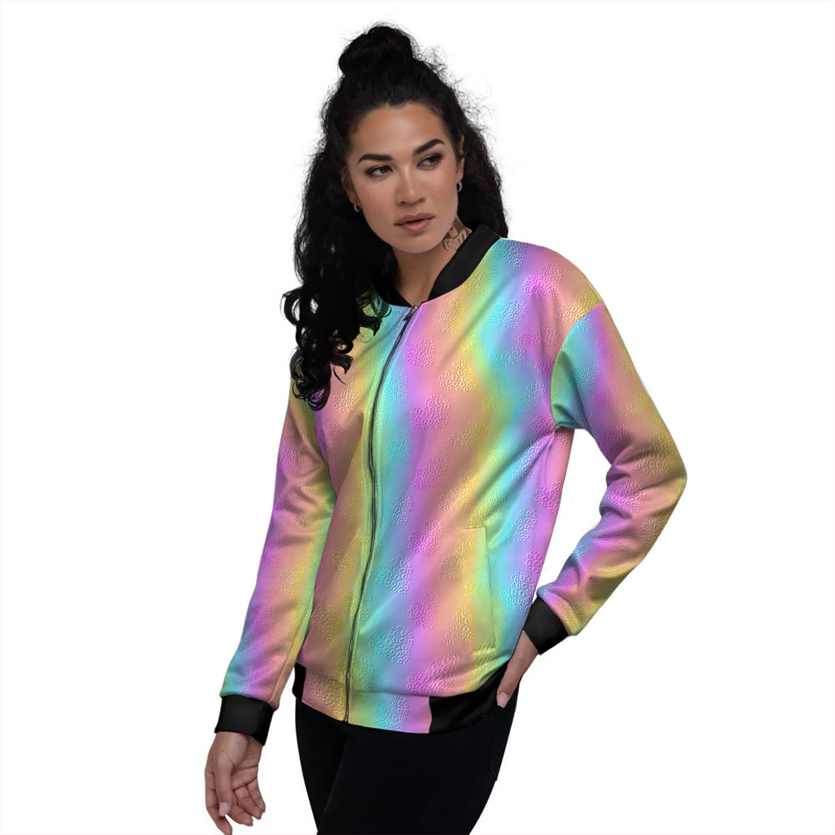 Hearts Rainbow Leopard Print Pattern Women's Bomber Jacket-grizzshop