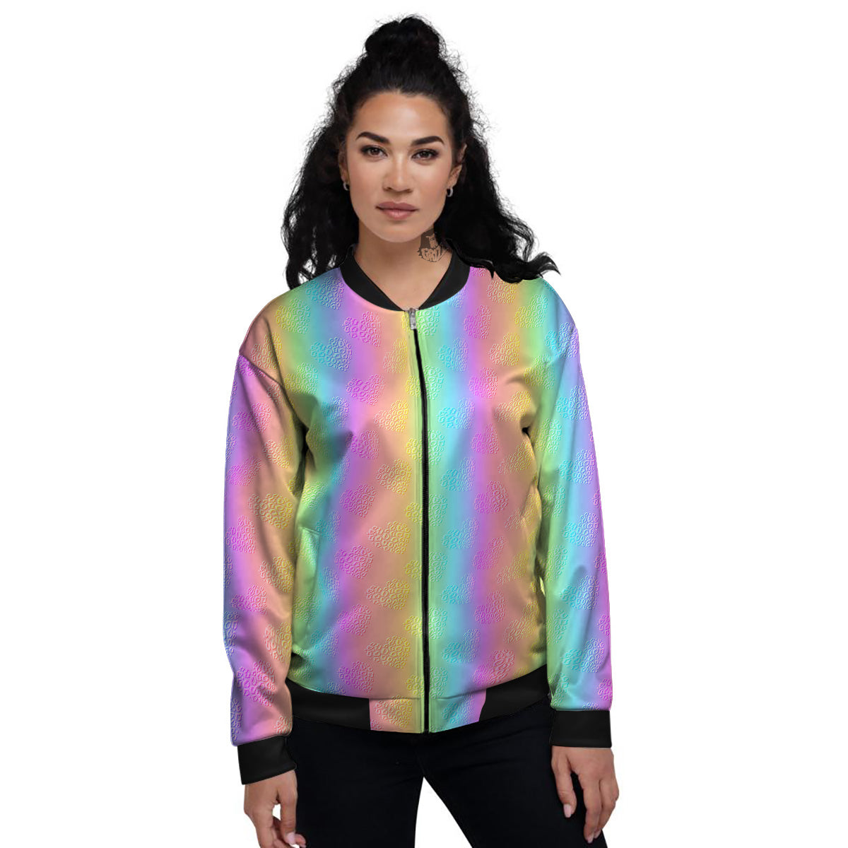 Hearts Rainbow Leopard Print Pattern Women's Bomber Jacket-grizzshop