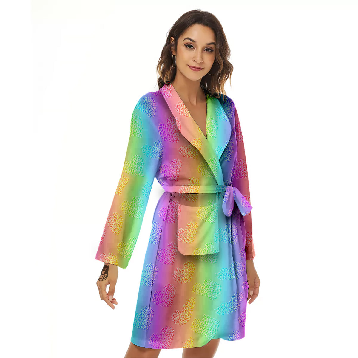 Hearts Rainbow Leopard Print Pattern Women's Robe-grizzshop