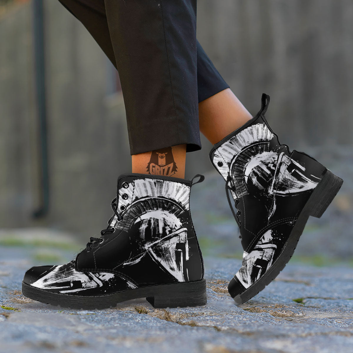 Helmet Ancient Spartan Print Leather Boots-grizzshop