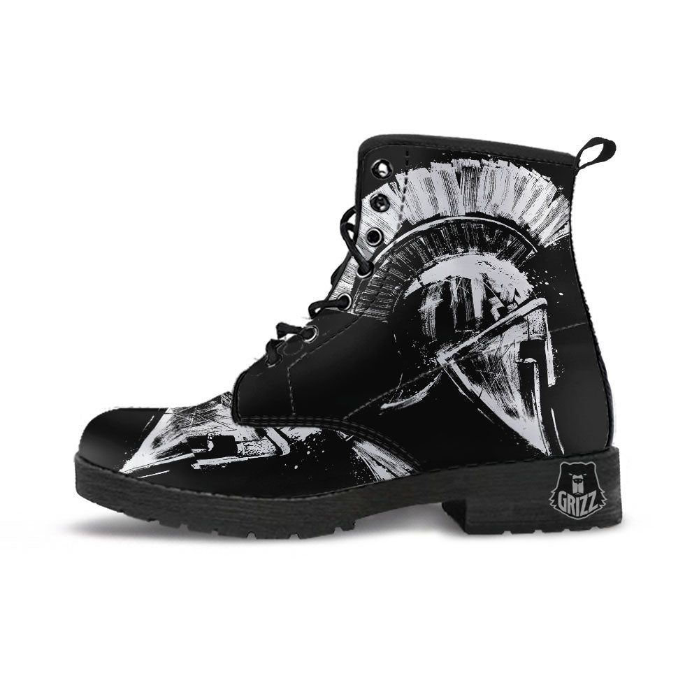 Helmet Ancient Spartan Print Leather Boots-grizzshop