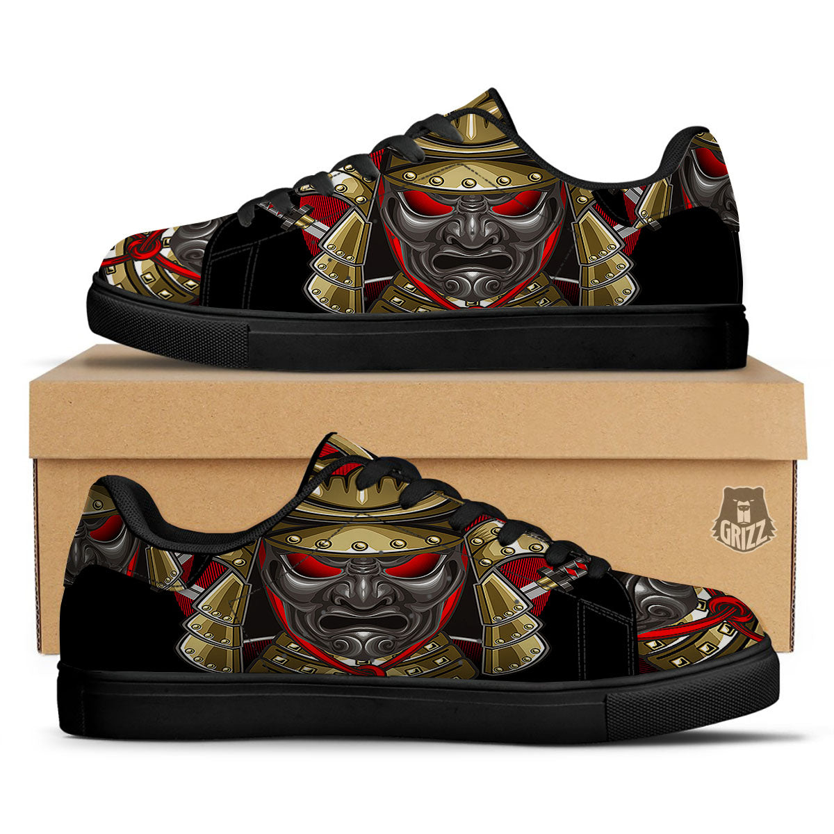 Helmet Japanese Samurai Print Black Low Top Sneakers-grizzshop