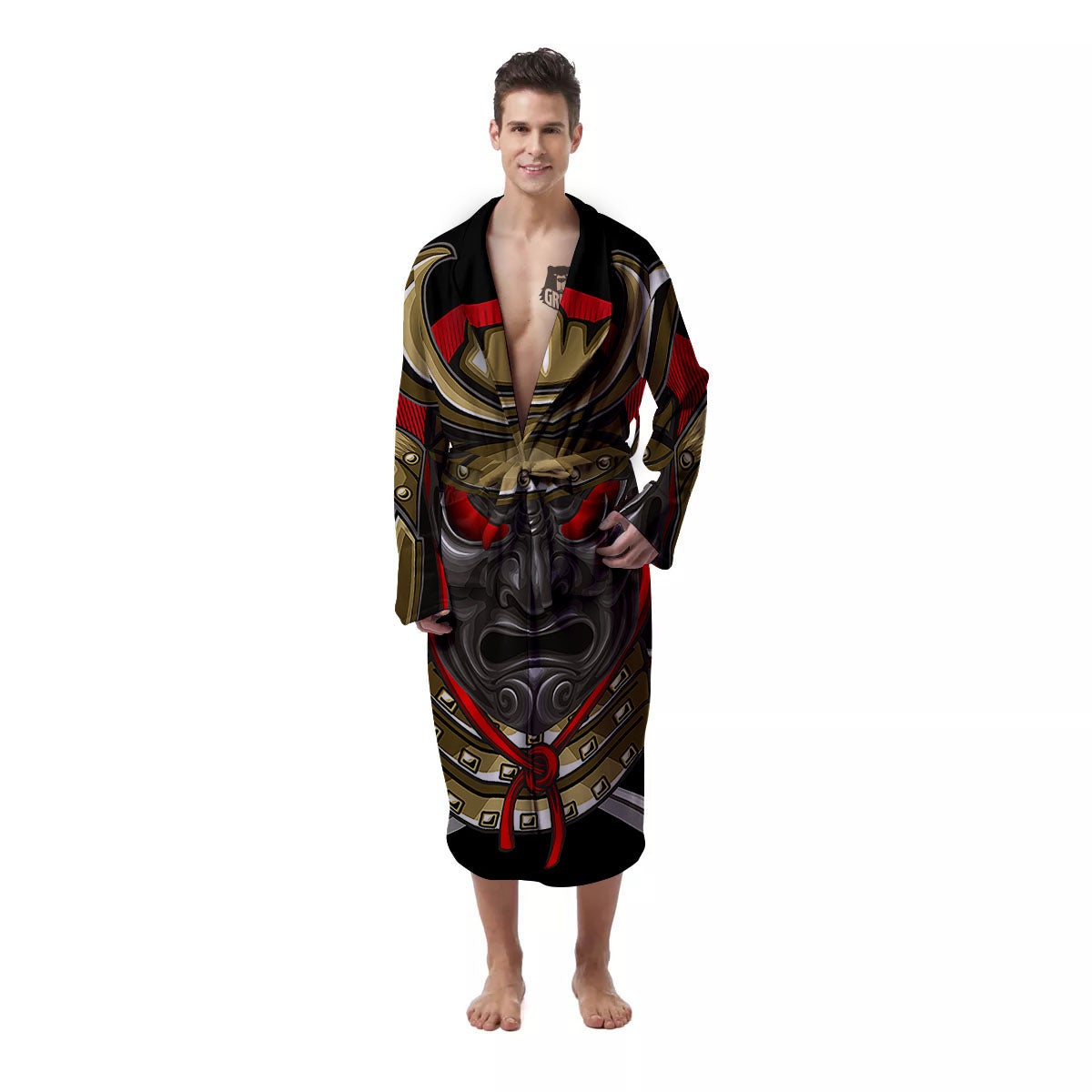 Helmet Japanese Samurai Print Men's Robe-grizzshop