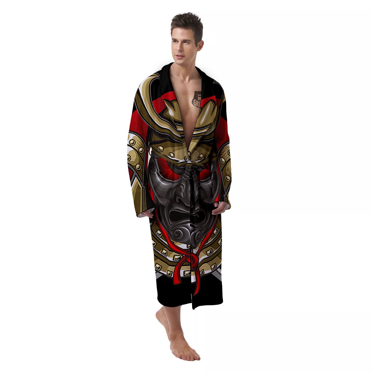 Helmet Japanese Samurai Print Men's Robe-grizzshop