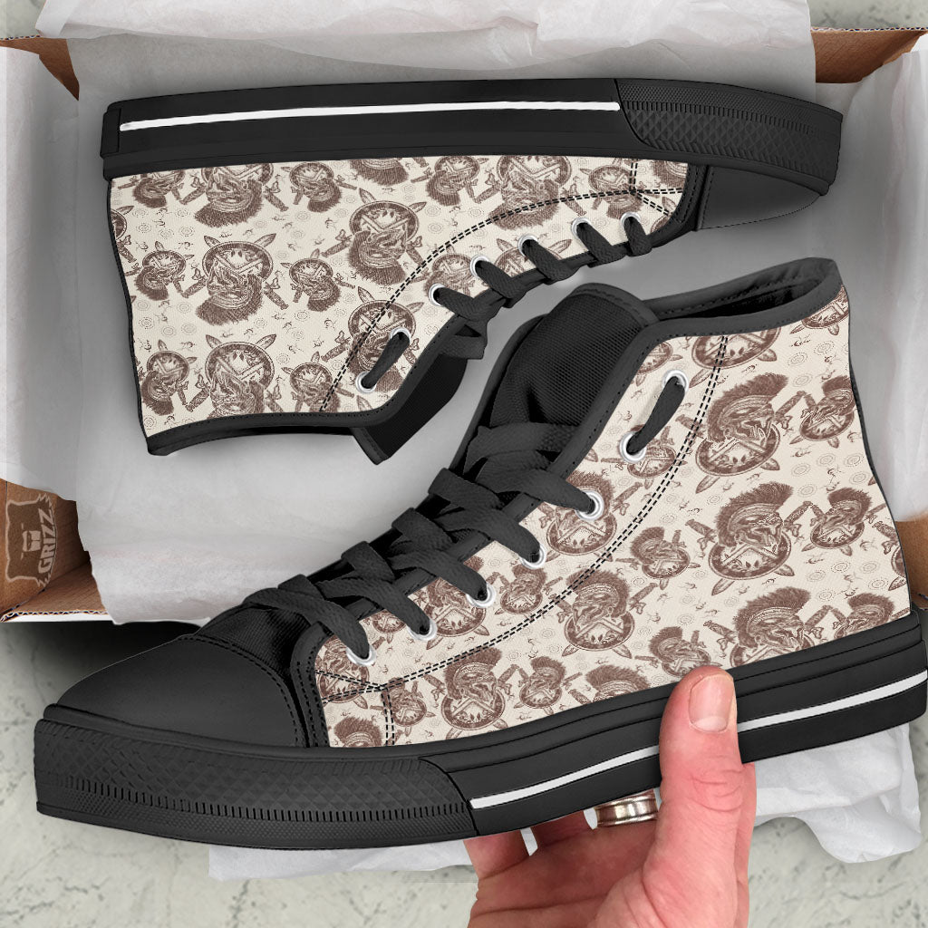 Helmet Spartan Warrior Print Pattern Black High Top Shoes-grizzshop