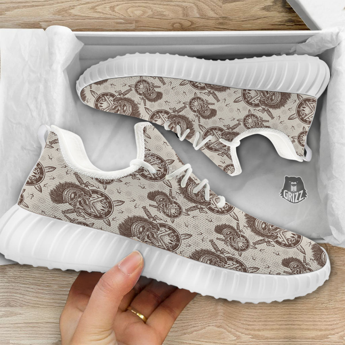Helmet Spartan Warrior Print Pattern White Walking Shoes-grizzshop