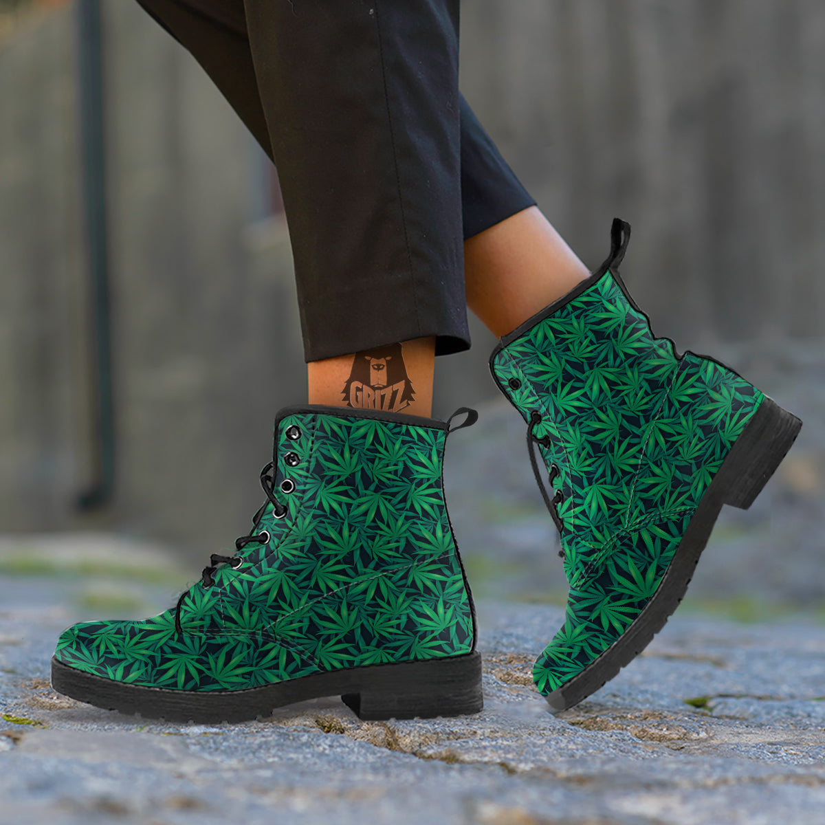 Hemp Dark Green Print Pattern Leather Boots-grizzshop