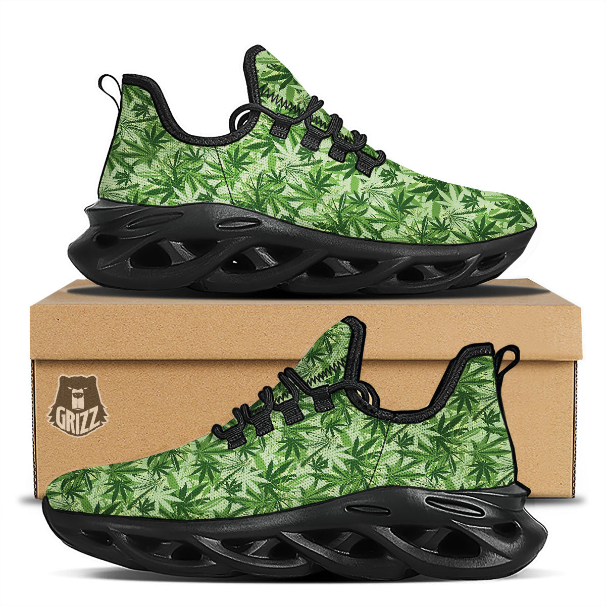 Hemp Leaf Print Pattern Black Running Shoes-grizzshop