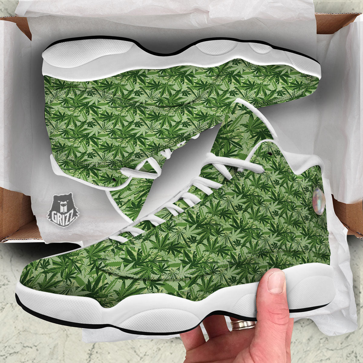 Hemp Leaf Print Pattern White Basketball Shoes-grizzshop