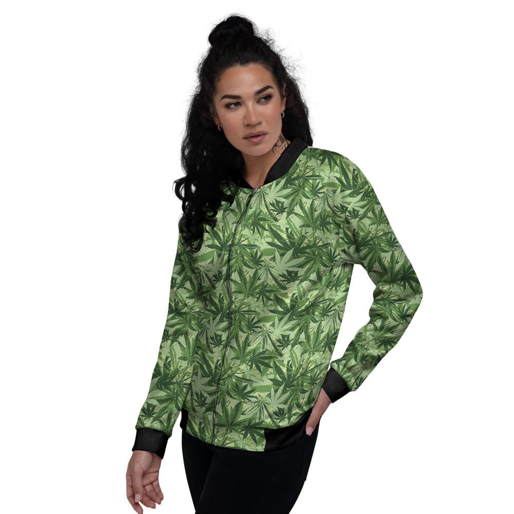 Hemp Leaf Print Pattern Women's Bomber Jacket-grizzshop