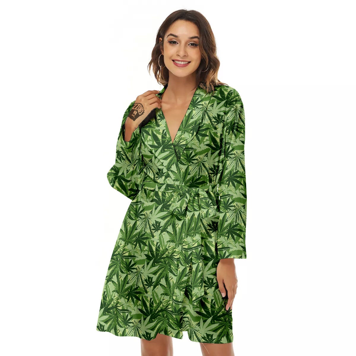 Hemp Leaf Print Pattern Women's Robe-grizzshop