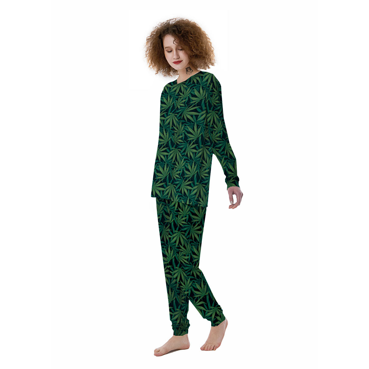 Hemp Leaves Green Print Pattern Women's Pajamas-grizzshop