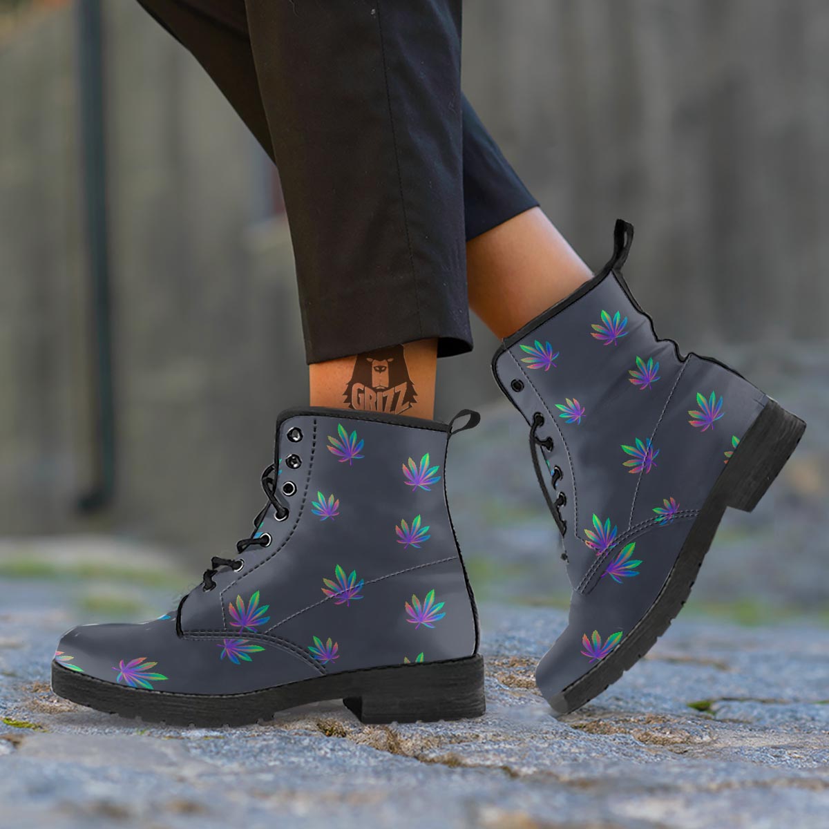 Hemp Leaves Reggae Trippy Print Pattern Leather Boots-grizzshop