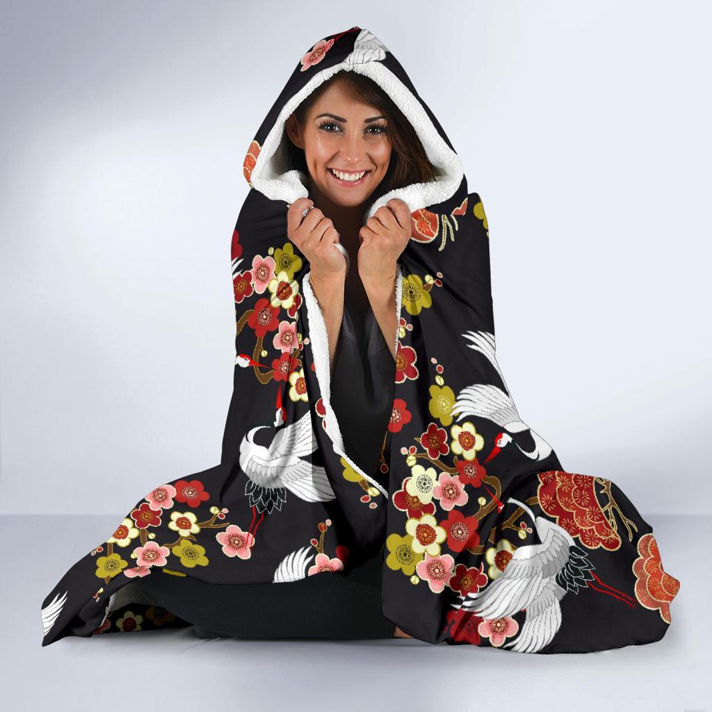 Heron Japanese Print Pattern Hooded Blanket-grizzshop