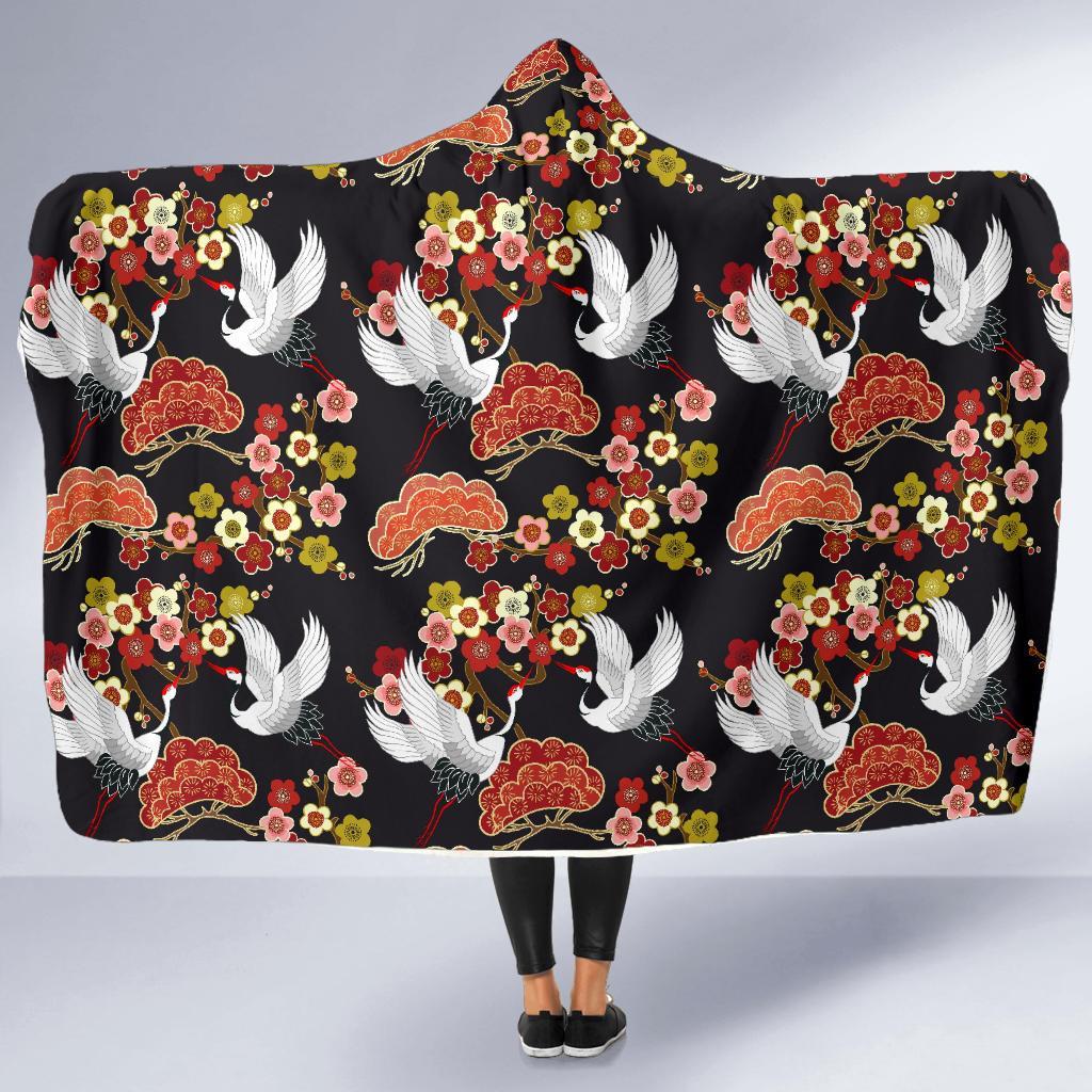 Heron Japanese Print Pattern Hooded Blanket-grizzshop